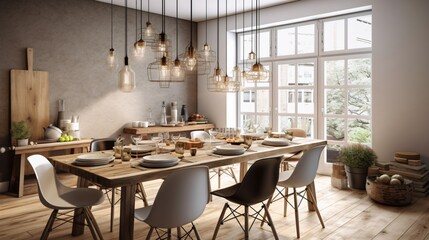 Fototapeta premium Modern Farmhouse Dining Room Interior Design with Rustic Wooden Table and Industrial Pendant Lights