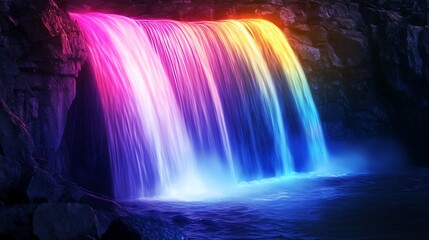 A magical glowing rainbow waterfall flowing smoothly over a rocky cliff.