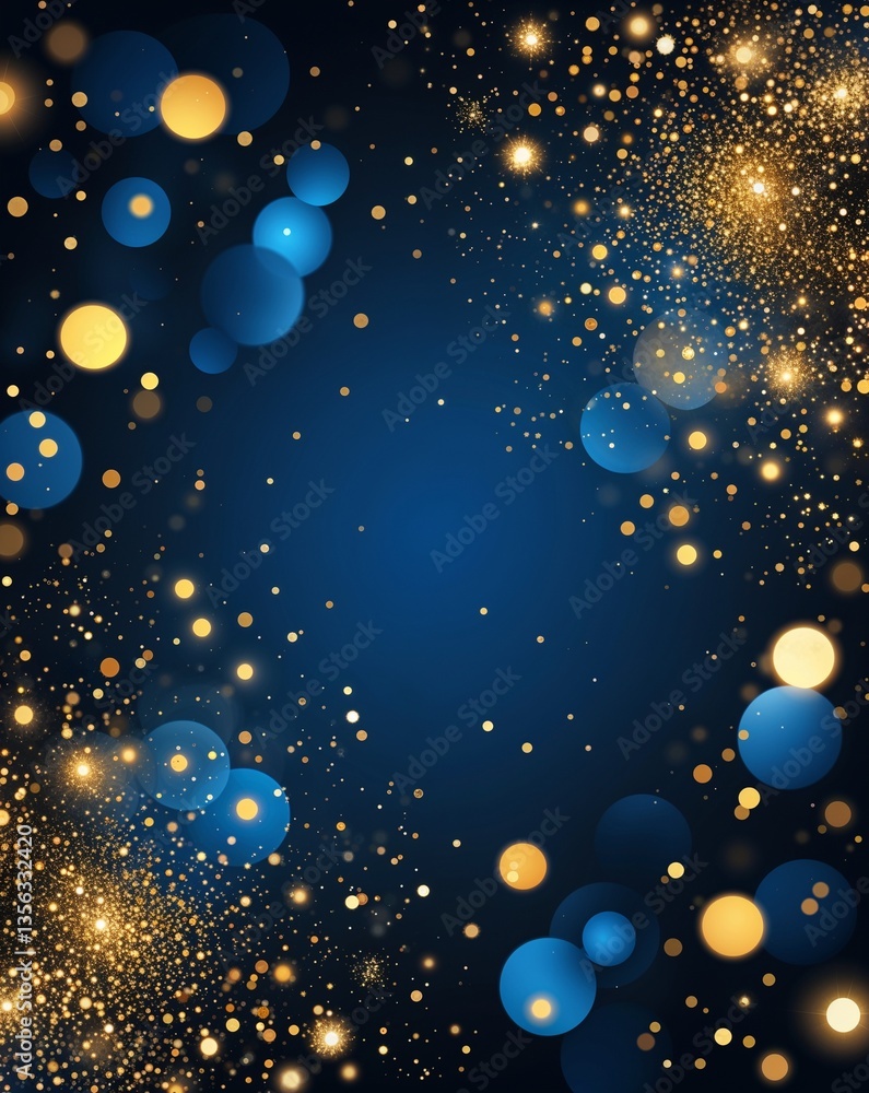 Poster blue with gold bokeh with glitters in dark abstract background for card or greeting template banner 