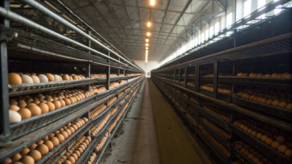 Industrial egg farm with empty nesting boxes and dim lighting, emphasizing production crisis, poultry shortages, and the economic impact of the global egg supply chain disruption.