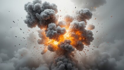 Explosion of Fire and Smoke with Debris Against an Overcast Sky