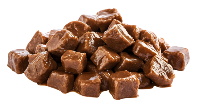 Pile of brown meat cubes in gravy filling the frame on a transparent background