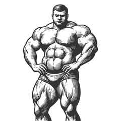 Fototapeta premium massive, muscular strongman standing confidently with hands on hips, showcasing power, strength, and detailed anatomy sketch engraving generative ai raster illustration. Scratch board. Black and white