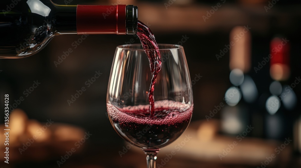 Poster pouring ruby red: a glass of red wine being filled, capturing the rich color and smooth texture as t
