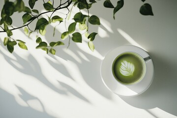 A single matcha latte art shot from above, placed on a white table with no additional decor, minimalist and clean aesthetic.