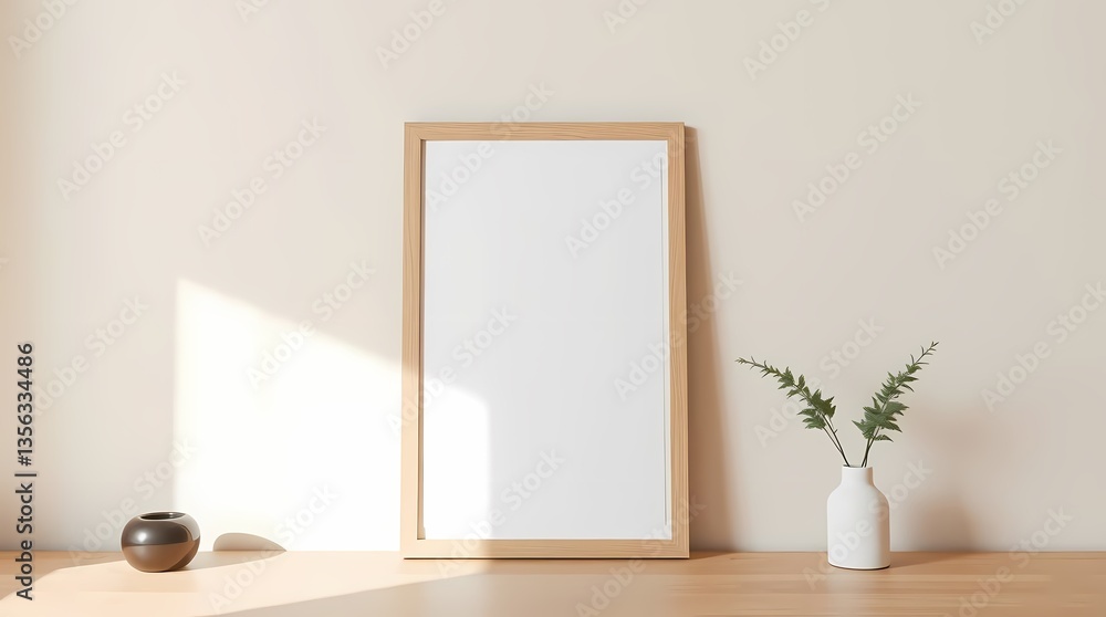 Poster serene frame: an empty wooden picture frame resting against a light-toned wall, adorned with a small