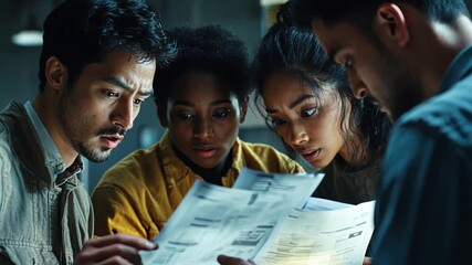 Four diverse people intently examining documents, expressing a range of focused, serious emotions.