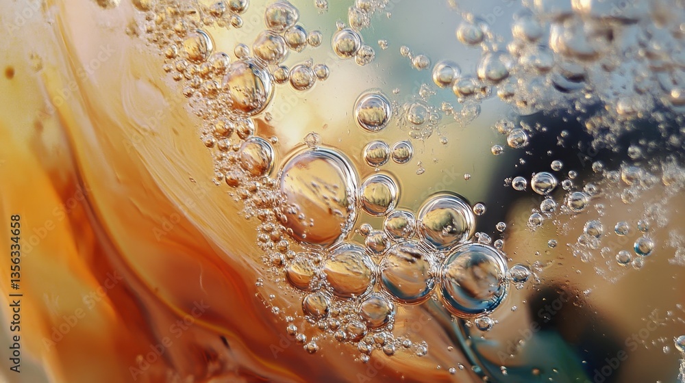 Poster effervescent beverage: capturing the intricate dance of bubbles in a refreshing beverage, revealing 
