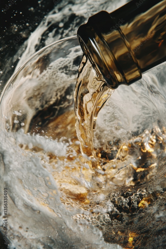Poster sparkling pour: a dynamic shot of amber liquid cascading from a bottle into a glass, creating a frot