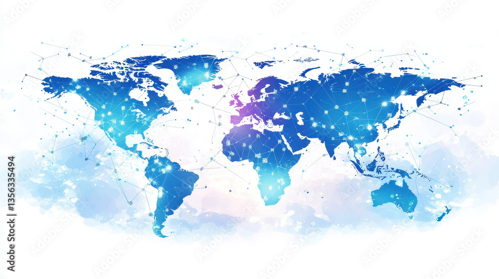 Poster abstract world map with global network and connectivity concept on a white background