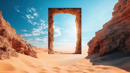 A serene desert scene featuring a large, yellow arch-like structure suspended in mid-air. The arch is made of two interconnected smaller arches, with a light beige sandy desert beneath it.