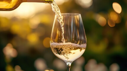 Pouring Wine into Glass: Captured mid-pour, a stream of crisp, golden wine cascades into a delicate glass. The scene exudes elegance and relaxation.