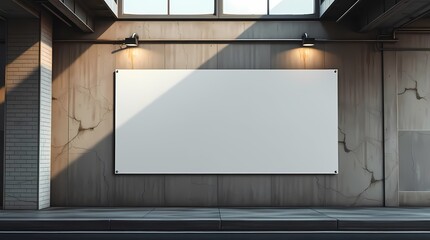 Blank Canvas in Urban Scene: An empty, rectangular sign, an invitation for messages, commands attention, nestled within a raw, concrete urban setting under the warm glow of spotlights