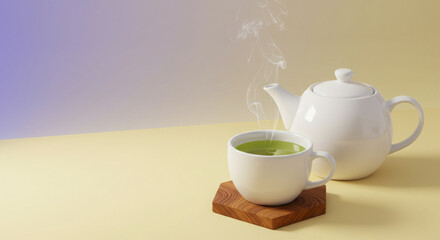 Fototapeta premium Refreshing green tea steaming in a cup with teapot on a pastel background 