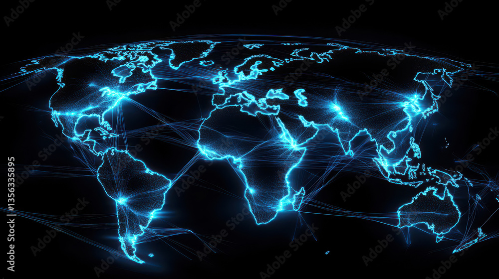 Poster digital world map with global network connections, blue glowing lines connecting the continents on a