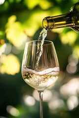 Pouring Perfection: A close-up, capturing a bottle gracefully pouring golden wine into a crystal-clear glass, the sunlight reflecting the essence of the finest vintages.