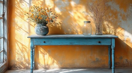 A blue table with an empty glass jar and flower vase on it, set against a bright wall in the background. The table is painted white, adding to its simplicity and minimalistic charm. 