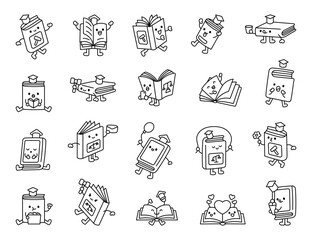 Set of law books with graduation caps, judge hammers, and various expressions, featuring reading, studying, holding objects like a smartphone, envelope, representing justice, education