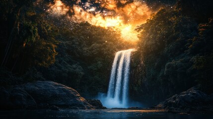 Celestial cascade, A waterfall illuminated by a cosmic twilight sky