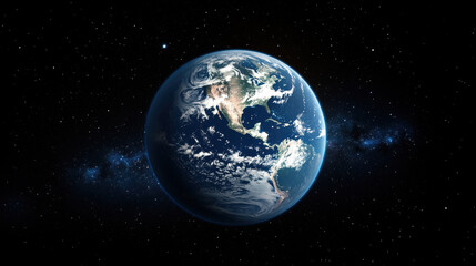 The Earth in space, glowing blue and white, with stars in the background