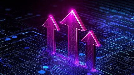 Glowing Pink Arrows Ascending on a Dark Blue Circuit Board Background