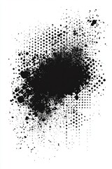 Monochrome Grit Pattern with Halftone Texture, Abstract black ink splatter on a white background with dotted texture.