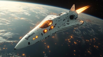 Obraz premium A hypersonic spaceplane propels through the night sky above Earth, exhibiting dazzling engine flames while passing over illuminated urban landscapes during a launch.