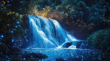 Enchanted cascade, A luminous waterfall amidst mystical foliage