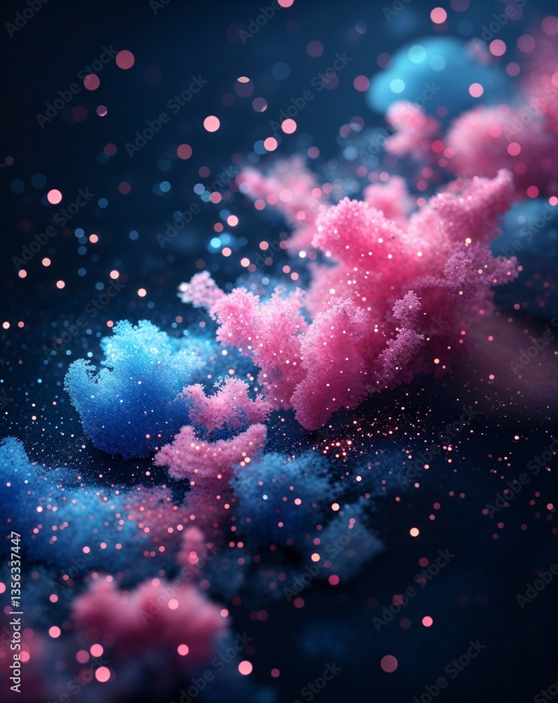 Poster blue with pink bokeh with glitters in dark abstract background for card or greeting template banner 