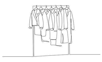 Continuous single line of wardrobe clothes hanging and drying with hanger. Laundry fashion wardrobe concept sketch drawing editable stroke vector illustration