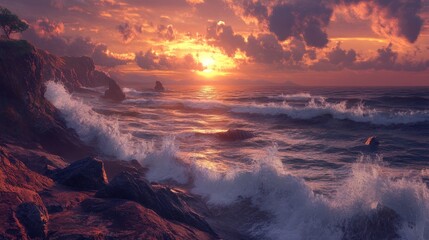 Dramatic coastal sunset with crashing waves and vibrant skies seascape
