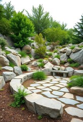 Obraz premium Serene rock garden with stone seating area, offering tranquil escape, natural, stone garden