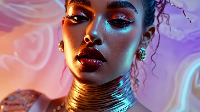 Radiant Grace: A captivating portrait of a woman, her features illuminated with dramatic lighting and stylish makeup, embodying an artistic expression with a modern twist.