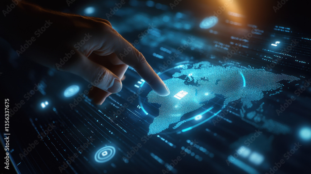 Poster close-up of a hand touching a digital map on a touch screen, a futuristic interface with a global ne
