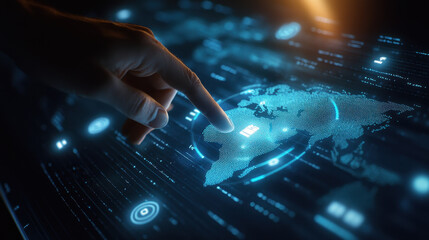 Close-up of a hand touching a digital map on a touch screen, a futuristic interface with a global network and data connection concept in a dark blue background
