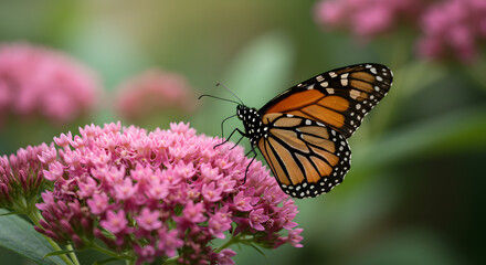 Naklejka premium Beautiful Monarch Butterfly on Pink Flowers in Spring