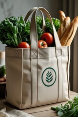 A reusable canvas grocery bag filled with fresh vegetables, tomatoes, leafy greens, and baguettes, sitting on a wooden kitchen counter with natural light streaming in.