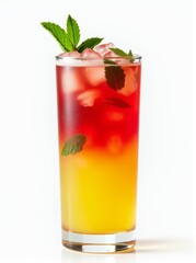 Layered Red and Yellow Drink with Muddled Mint and Mint Sprig on White Studio Surface