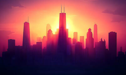 Obraz premium Silhouetted urban landscape at sunset, highlighting architectural skyline