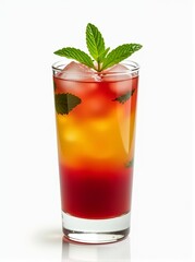 Layered Red and Yellow Drink with Muddled Mint and Mint Sprig on White Studio Surface