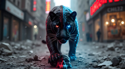 
A futuristic black panther with glowing red and blue eyes prowls through a dystopian city street, gripping a skull. A cinematic cyberpunk-inspired scene with neon lights and a dark, intense atmospher