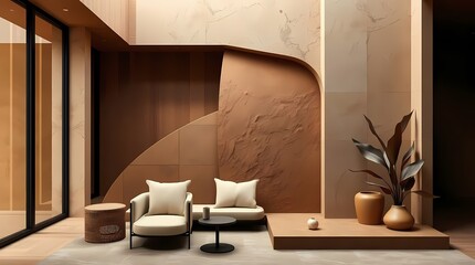 Modern Minimalist Living Room: An inviting interior showcases minimalist elegance, featuring a neutral color palette, natural textures, and a seamless blend of form and function.