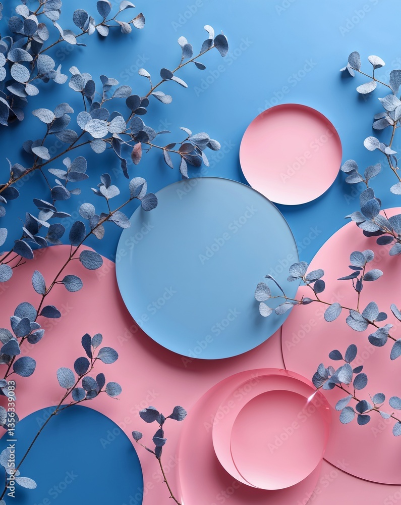 Poster blue with pink transparent circular shapes layer abstract background for card or greeting template b