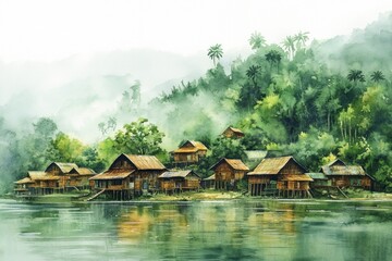 Obraz premium Watercolor painting depicting a village on the water in a lush landscape