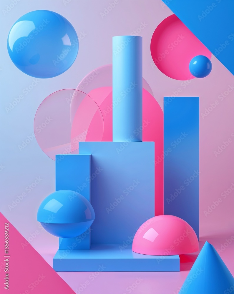 Poster blue with pink transparent geometric shapes layer abstract background for card or greeting template 
