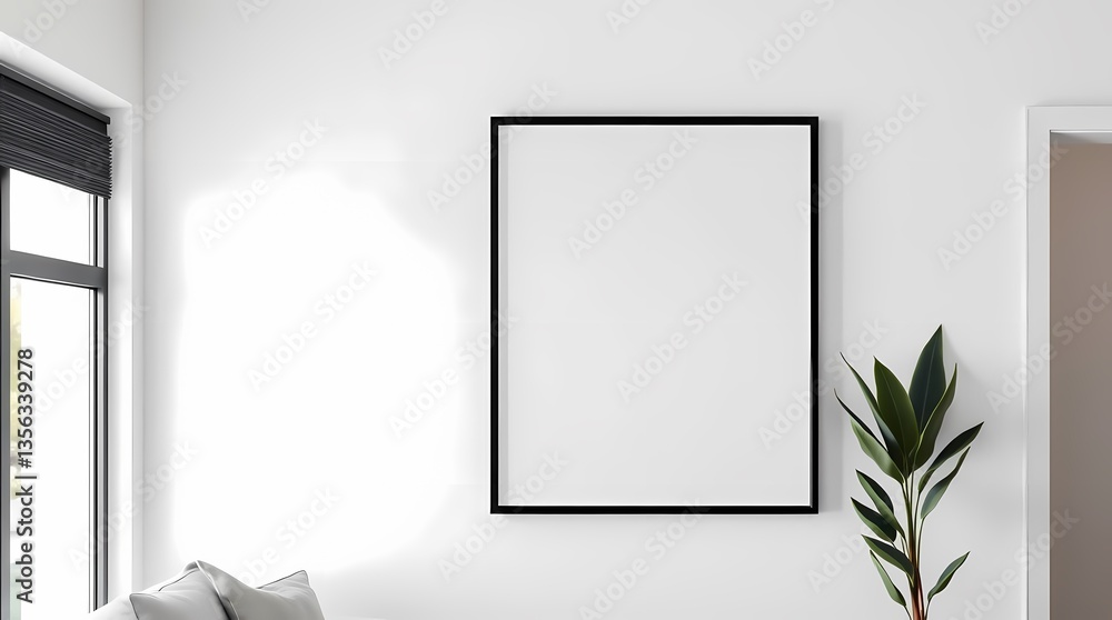 Poster empty frame display in interior: minimalist interior design showcases an empty picture frame mounted