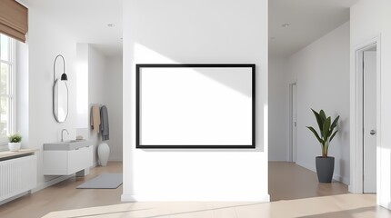 Modern Home Interior: A minimalist living room with contemporary design featuring a large, blank canvas for your artwork, framed in black and illuminated by natural sunlight.