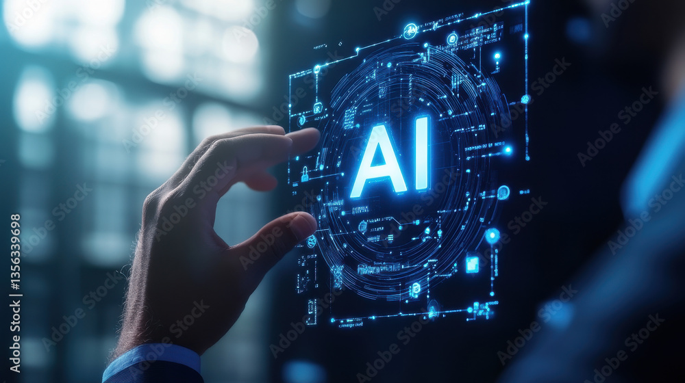 Poster businessman touching an ai icon with hologram text 