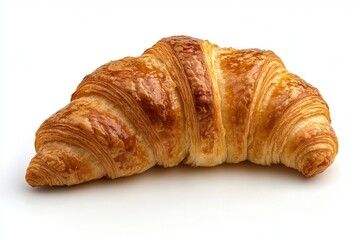 Golden, flaky croissant against a white background.