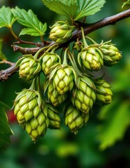 Vibrant green hops cones clinging to a bramble branch, photo, close-up, macro